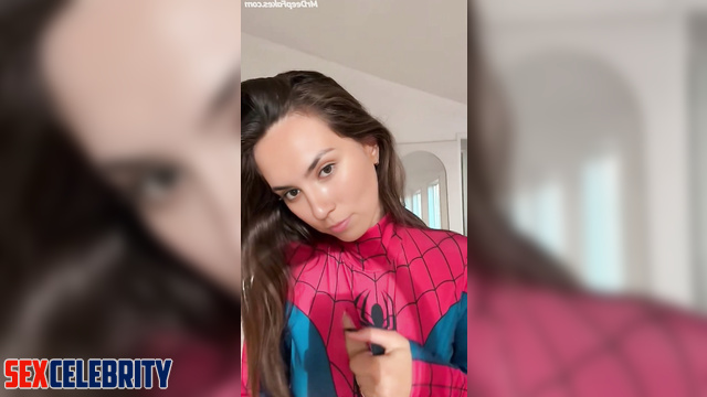 Fake Trisha Hershberger shakes her tits in her Spiderman costume