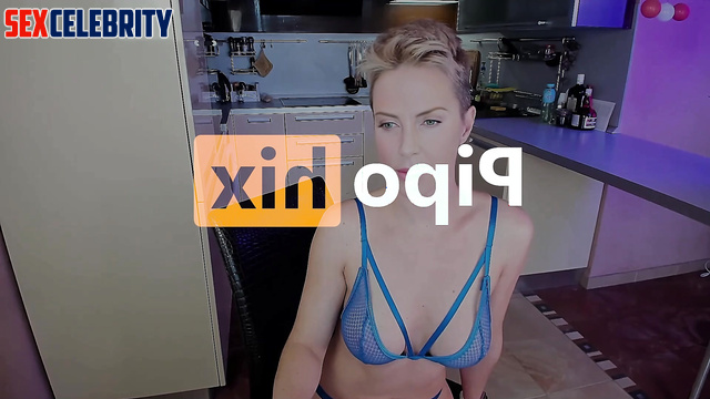 Busty milf playing with her hairy pussy on camera (Charlize Theron A.I.)